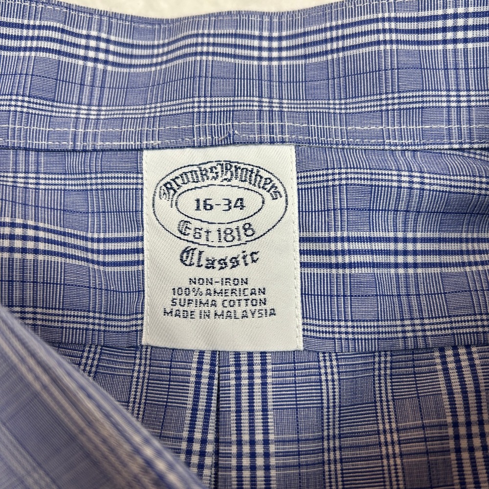 Brooks Brothers Shirt Mens 16-34 Blue Glen Plaid Classic Non-Iron Supima Cotton - Picture 4 of 10